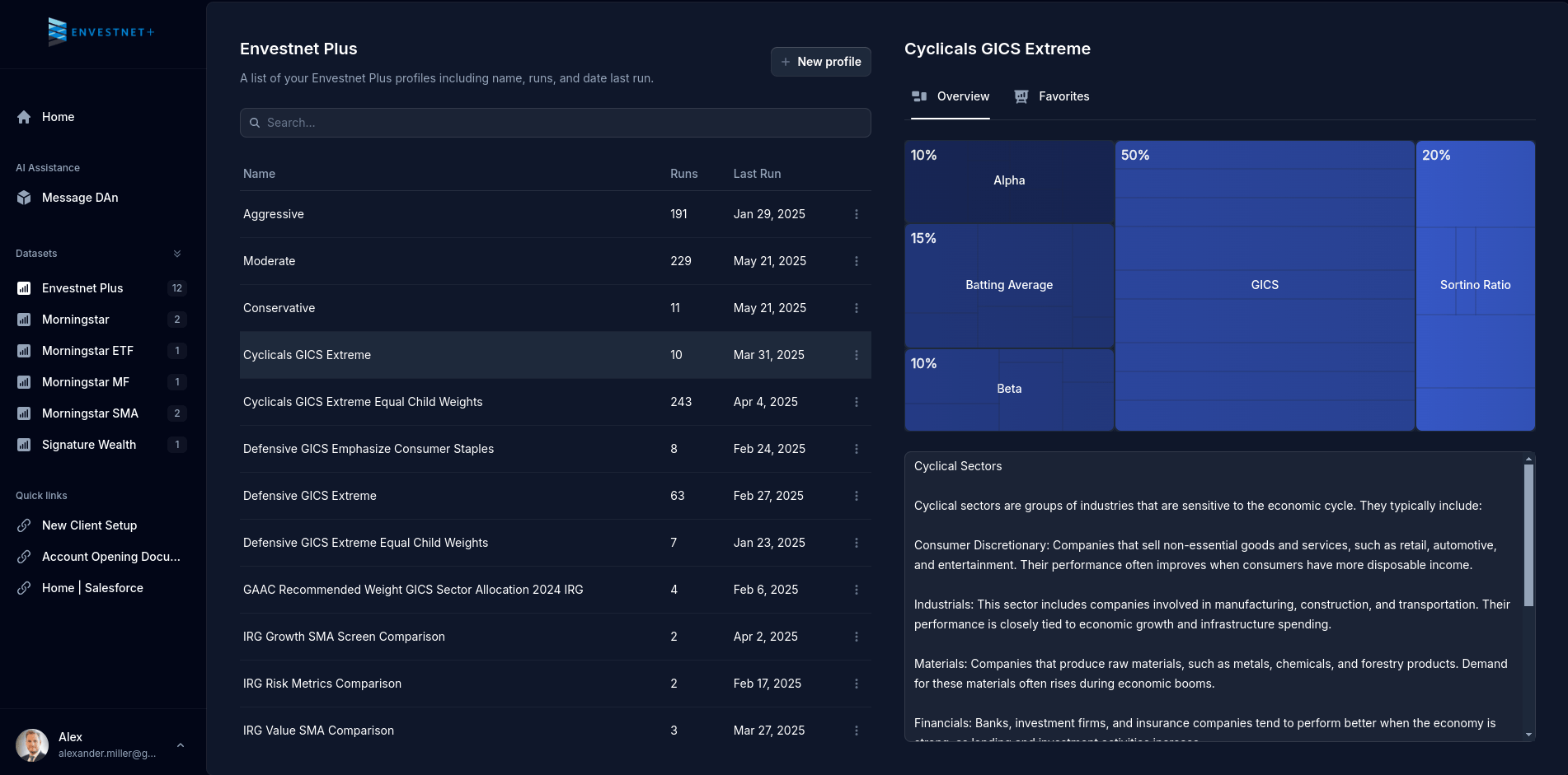 Dashboard view in dark mode, displaying user documents.